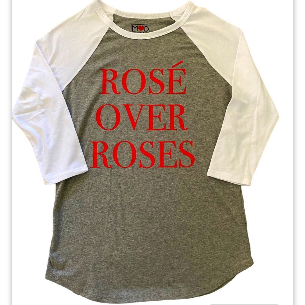 NWOT Modern Lux ROSÉ OVER ROSES Cute Baseball Shirt Gray White 3/4 Sleev…